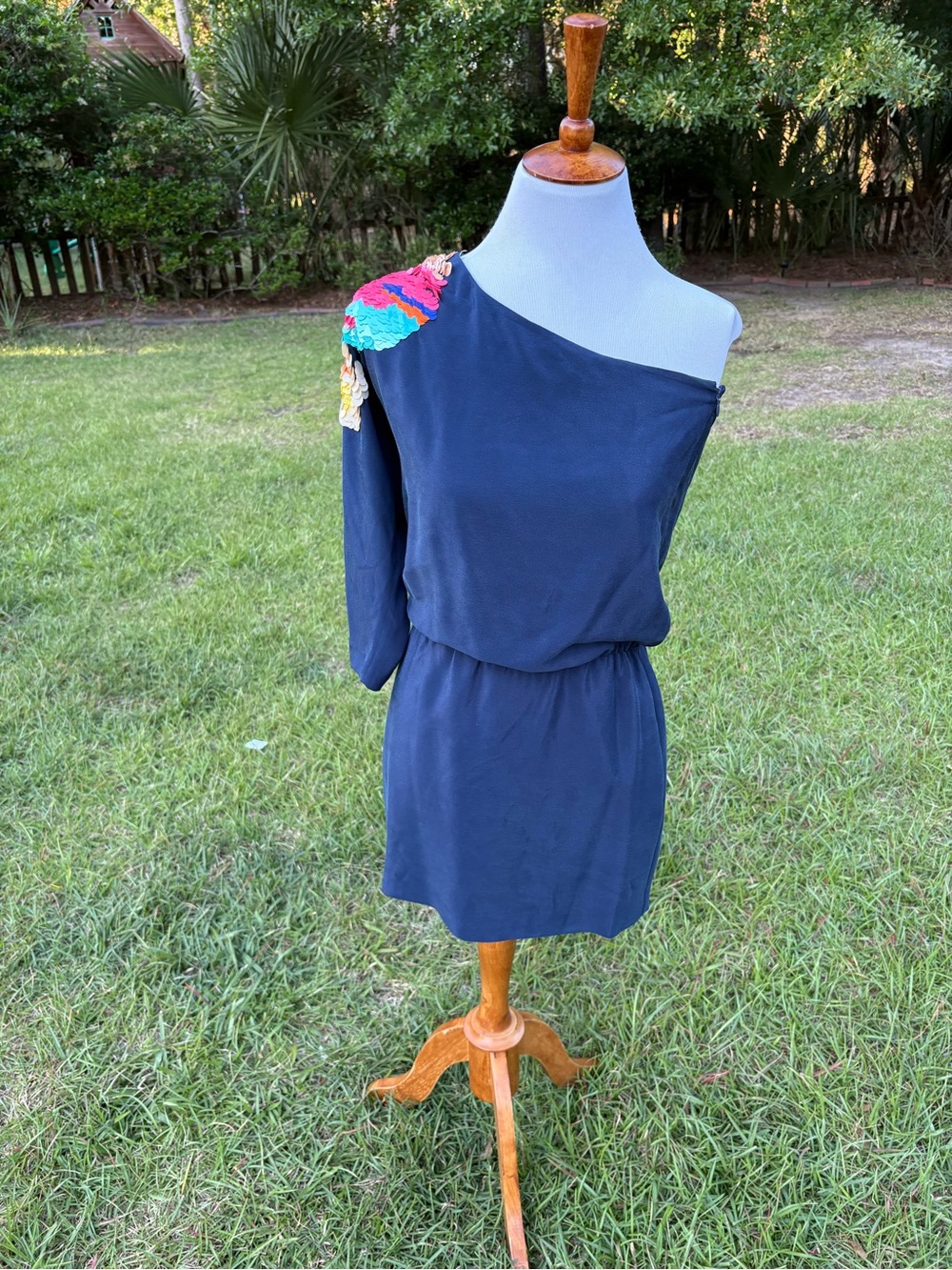 Tibi Navy One-Shoulder Dress with Multicolor Shoulder Detail